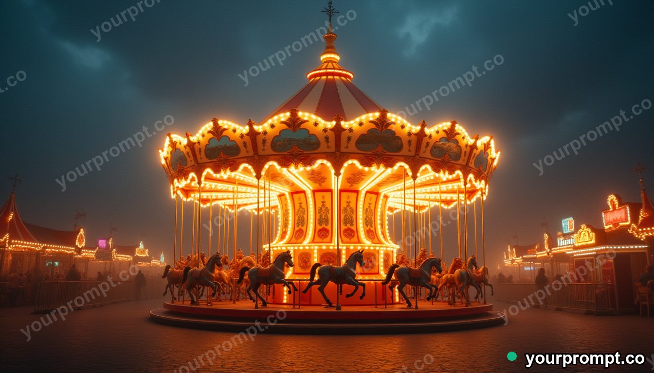 A glowing carousel turning in an empty night fair