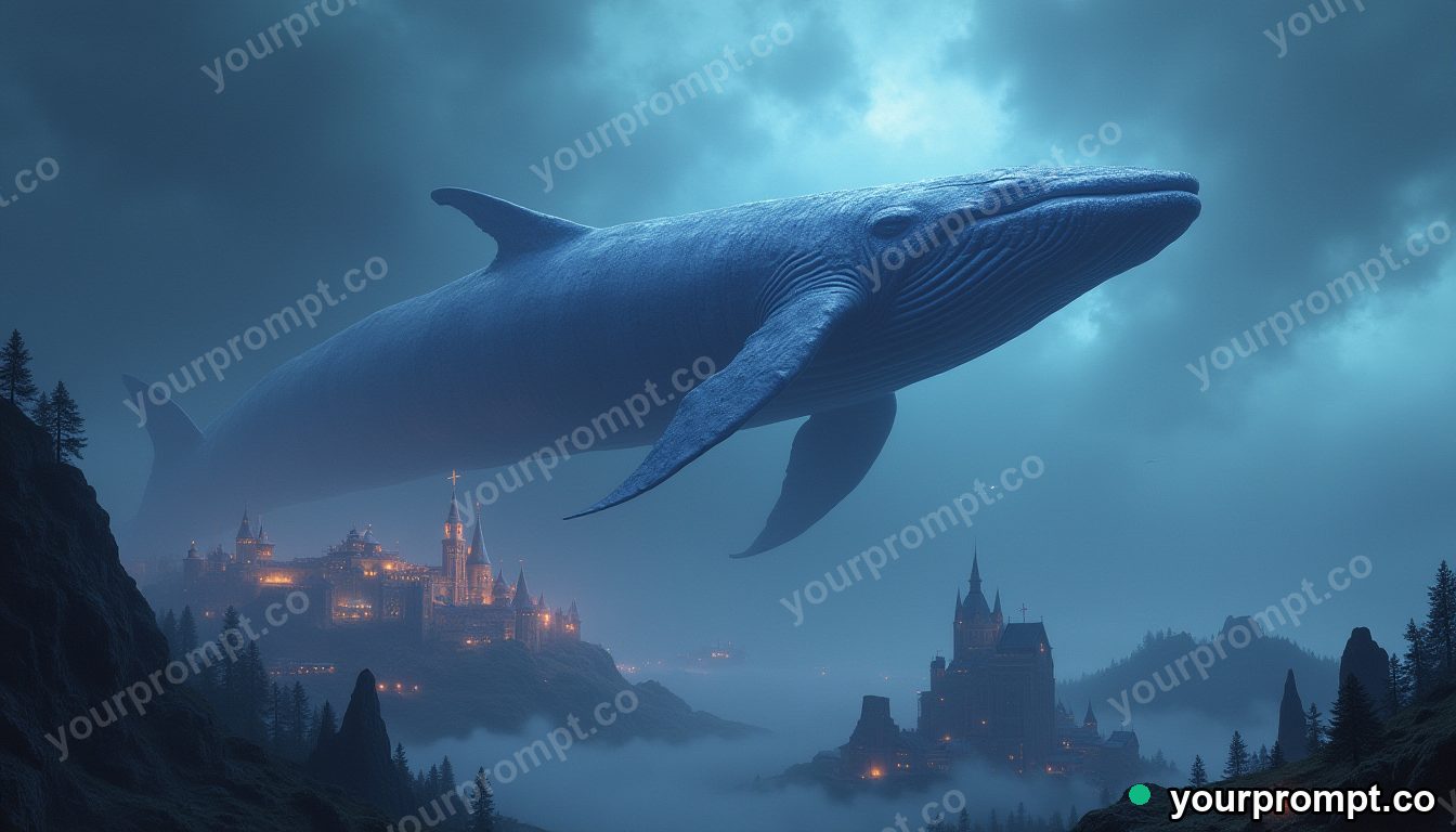 A colossal sky whale drifting above a fantasy kingdom