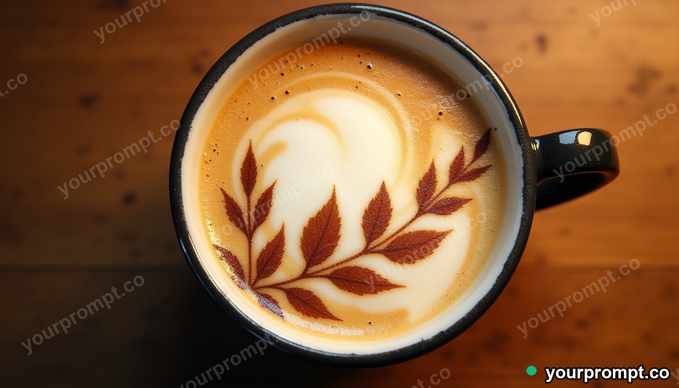 A frothy latte with delicate leaf art, top-down