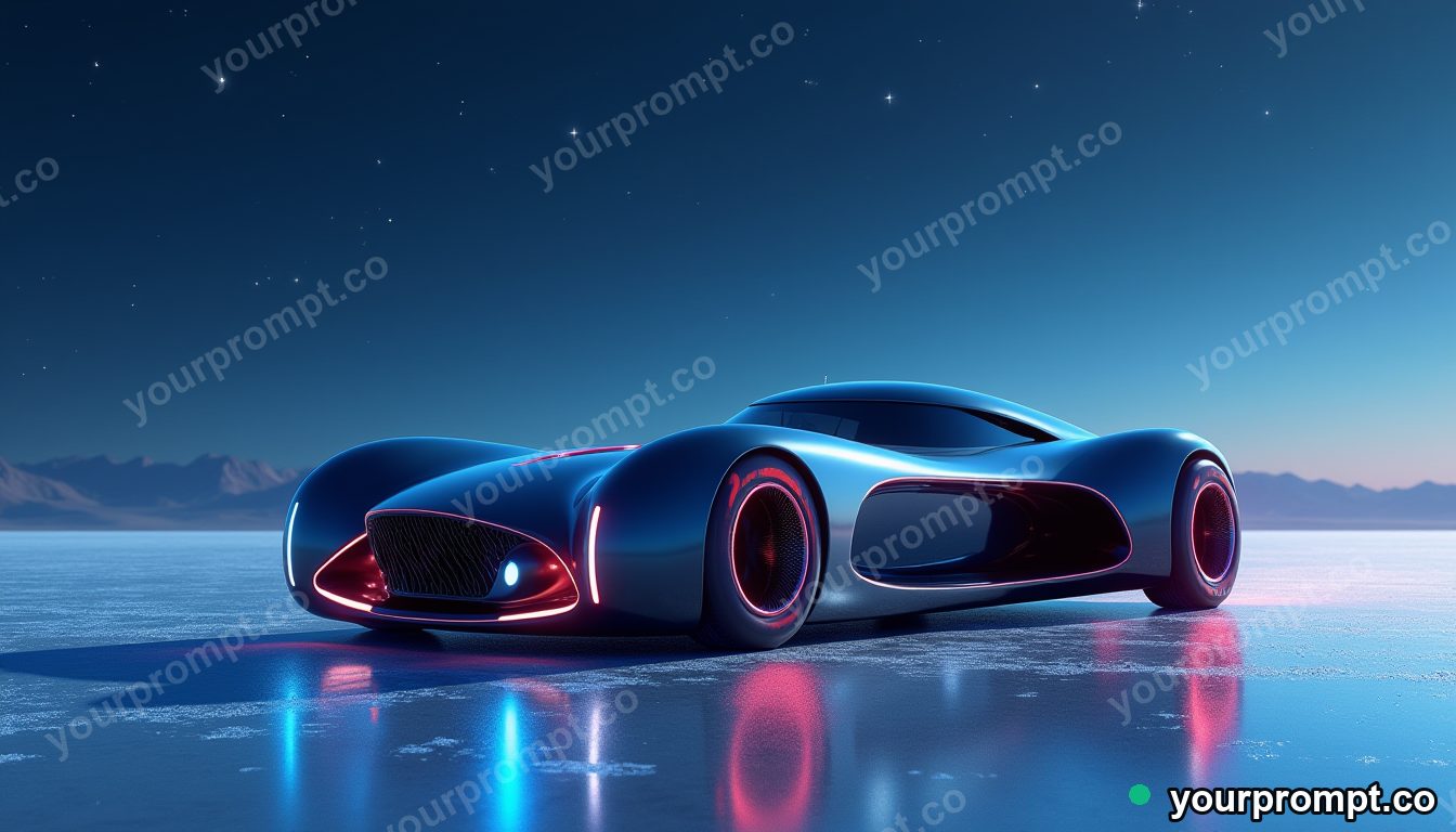 A futuristic concept car with glowing accents on a salt flat