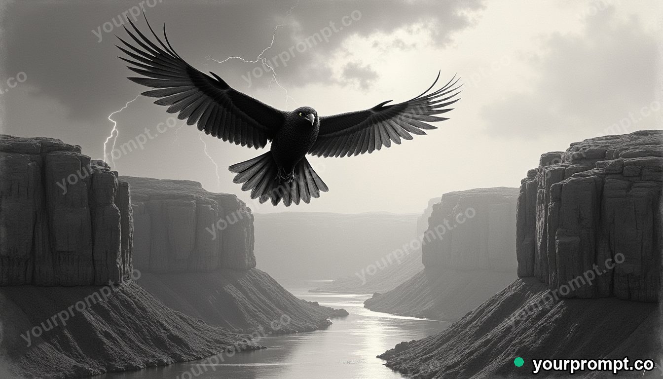 A thunderbird soaring above a canyon storm