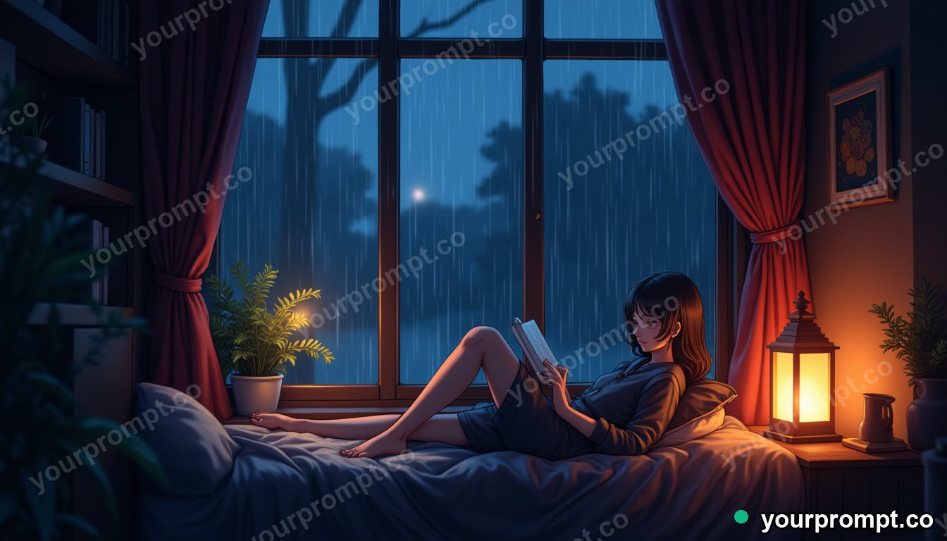 A cozy rainy-day reading nook with warm lamplight