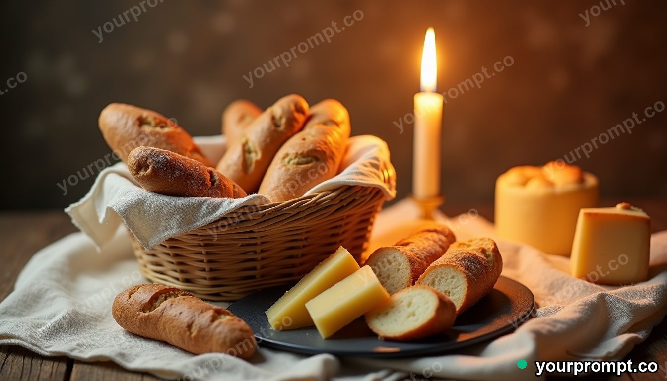A basket of fresh bread and cheese on linen