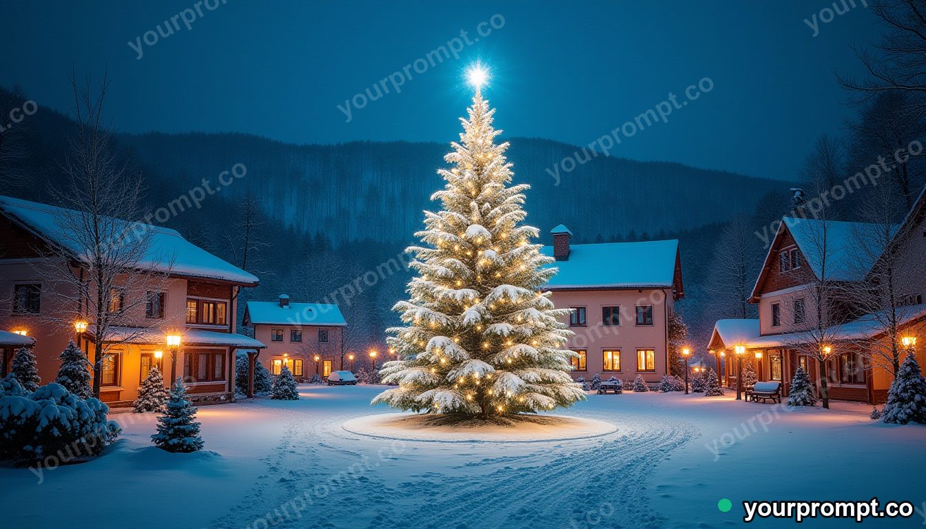 A snowy village square with a glowing Christmas tree