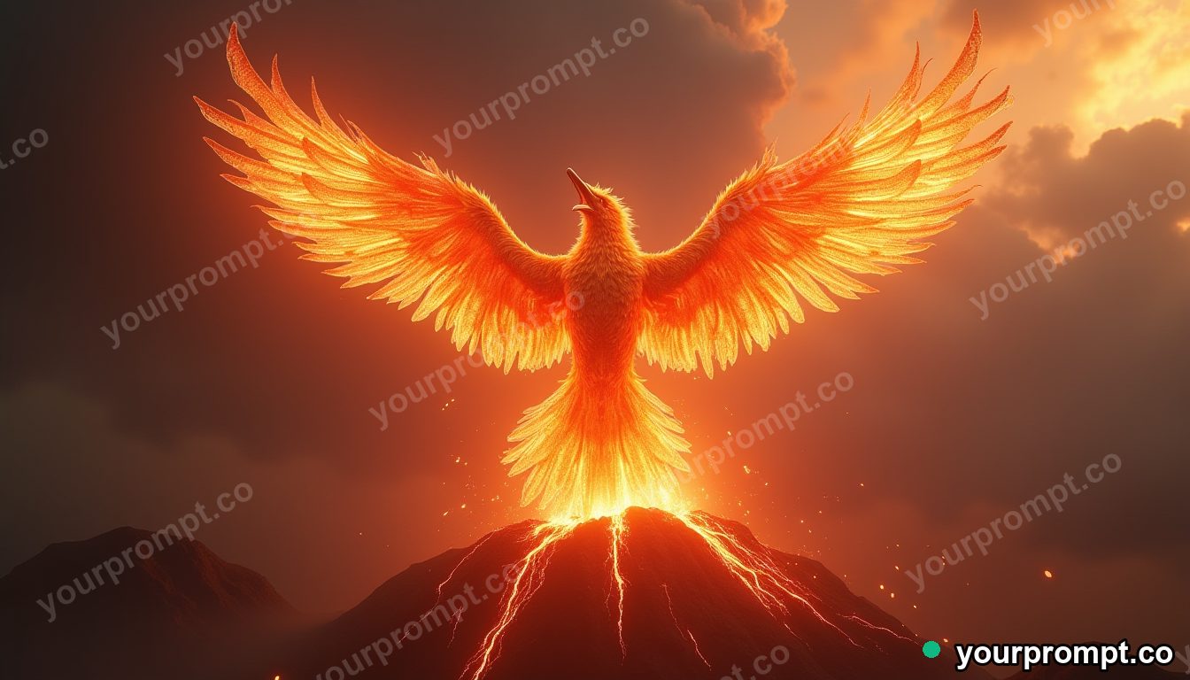A phoenix made of fire soaring over a volcano