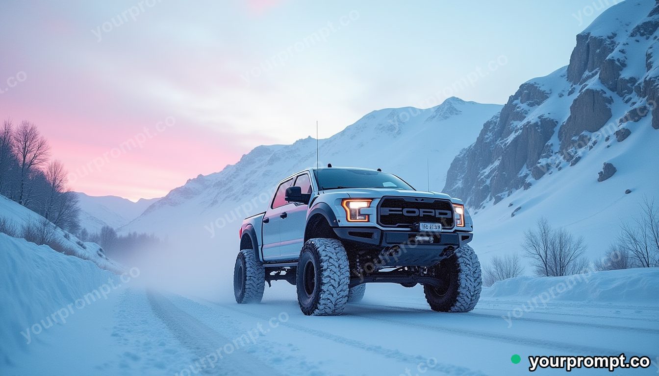 A rugged lifted pickup on a snowy mountain pass
