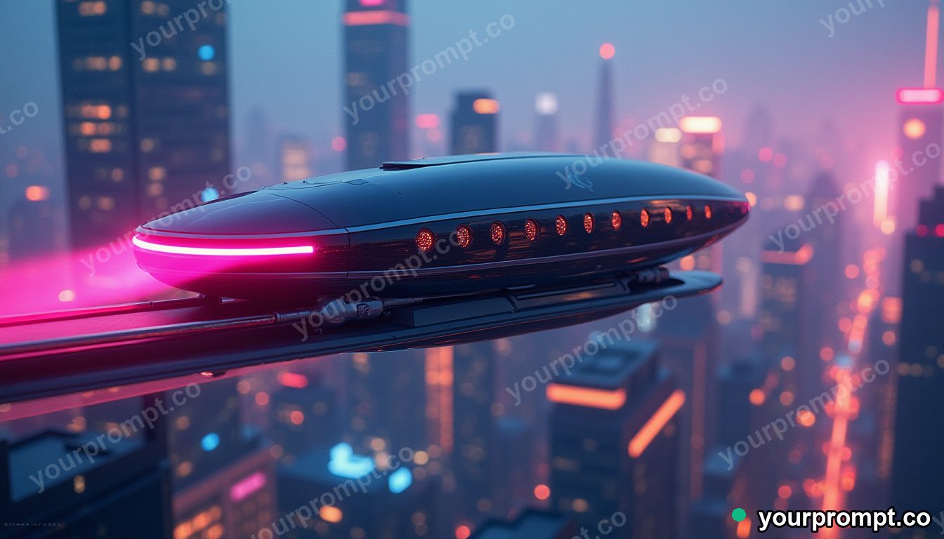 A futuristic maglev gliding over a neon city