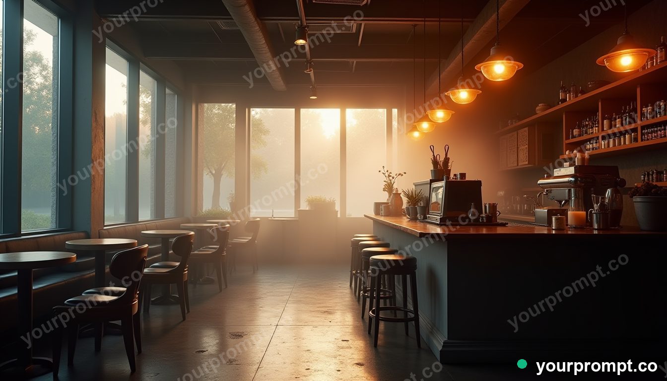 A steamy artisan coffee shop interior in the morning