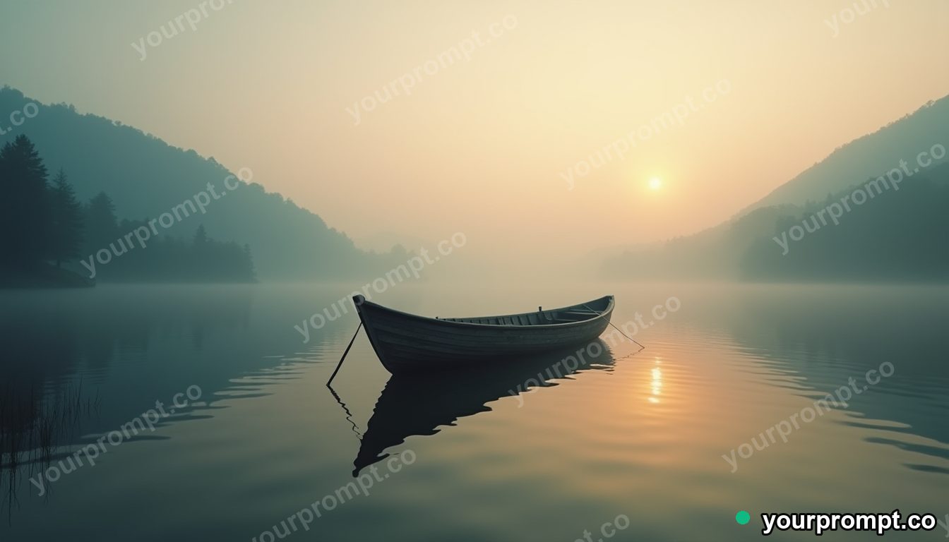 A wooden fishing boat on a misty calm lake at dawn