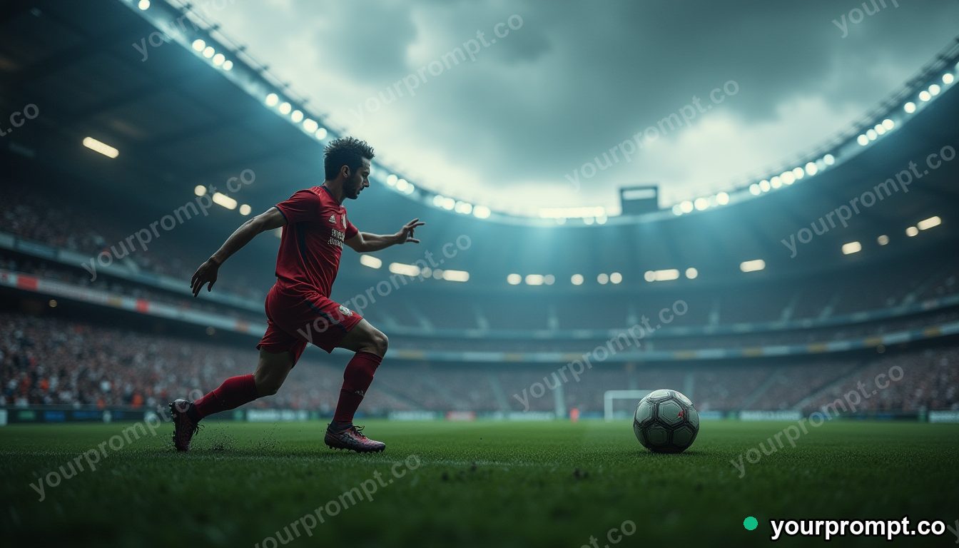 A soccer player striking the ball in a packed stadium
