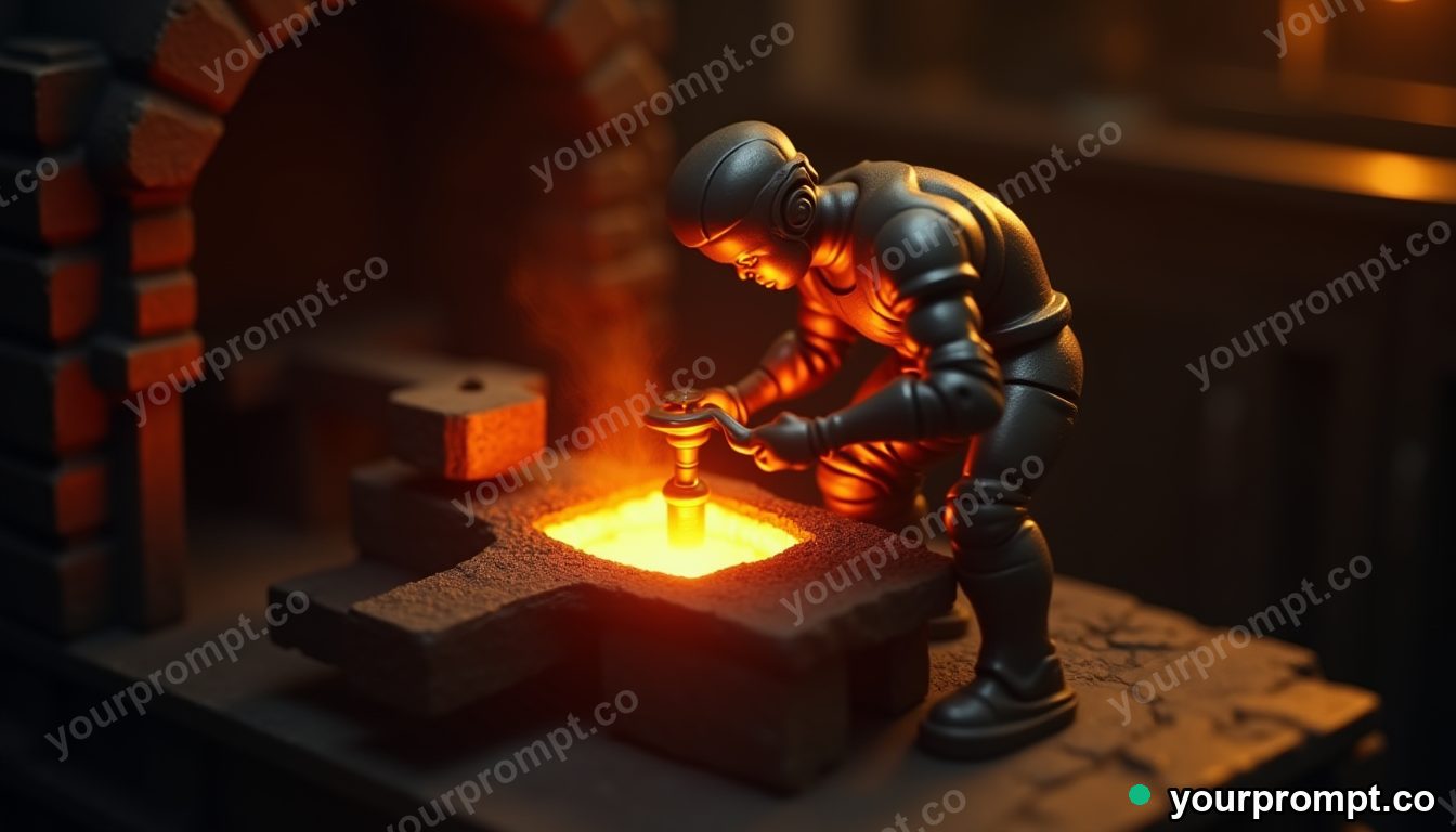 A blacksmith hammering glowing metal in a dim forge