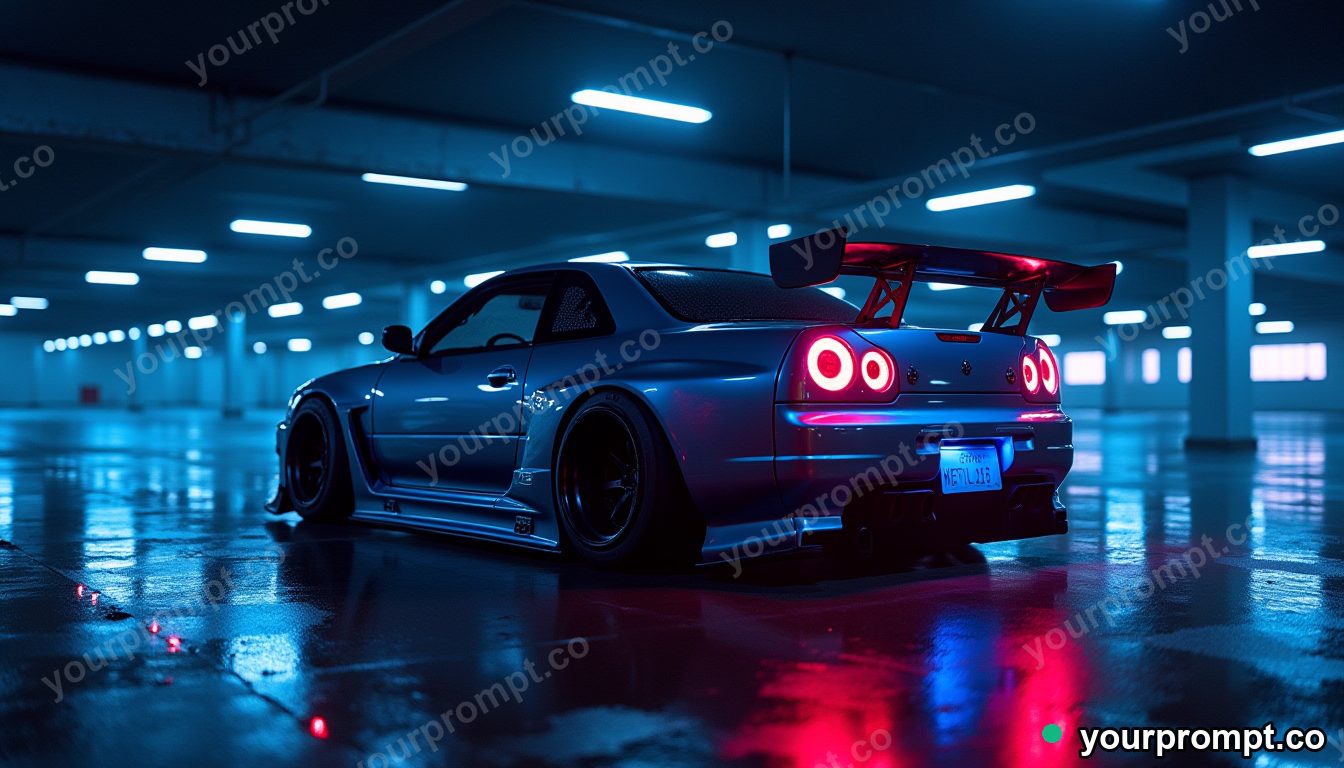 A JDM drift car with neon underglow in a parking garage