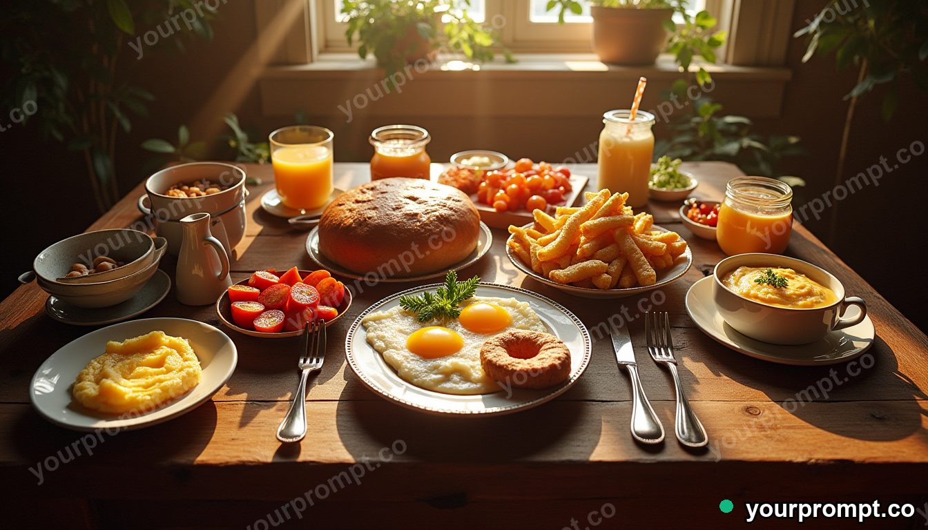 A rustic breakfast spread on a wooden table, top-down
