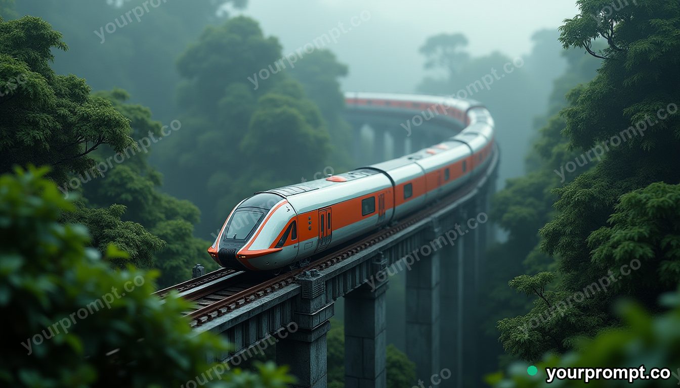 A futuristic pod monorail curving through jungle