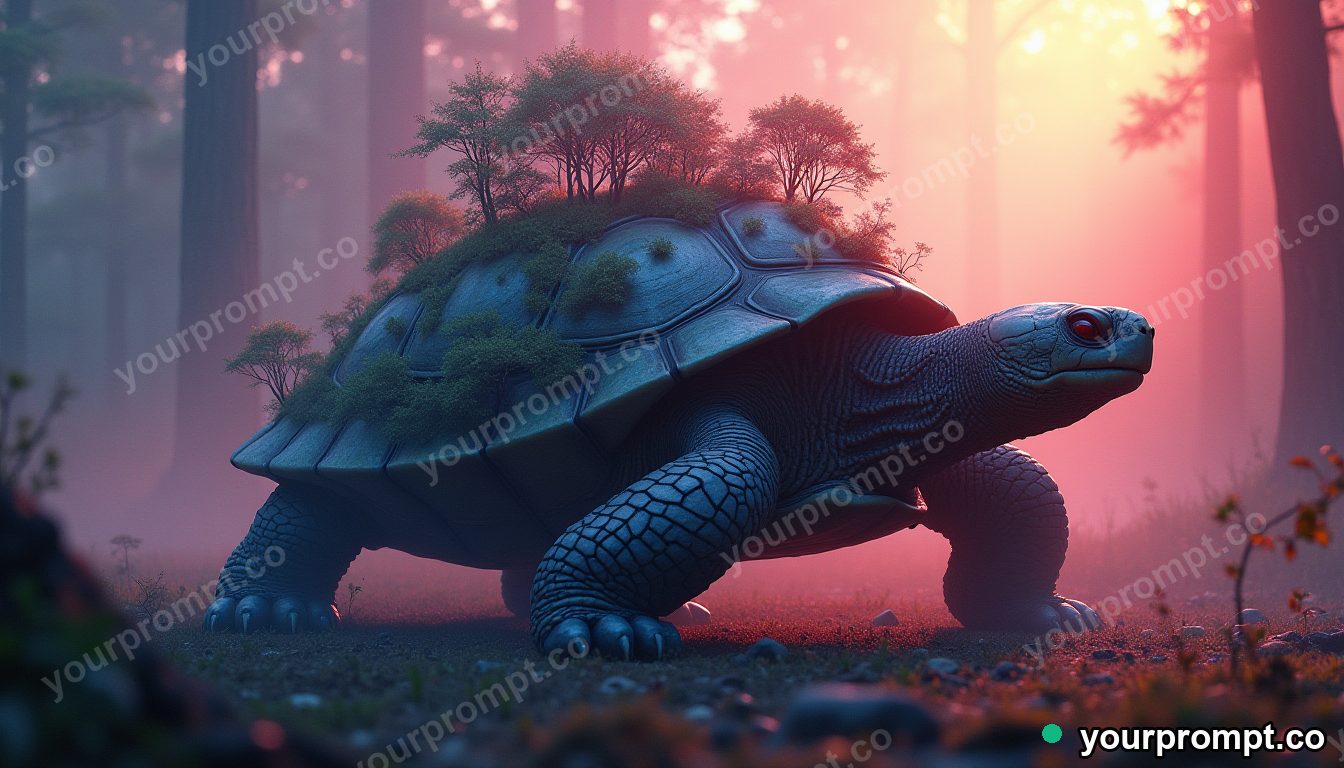 A giant turtle carrying a tiny forest on its shell
