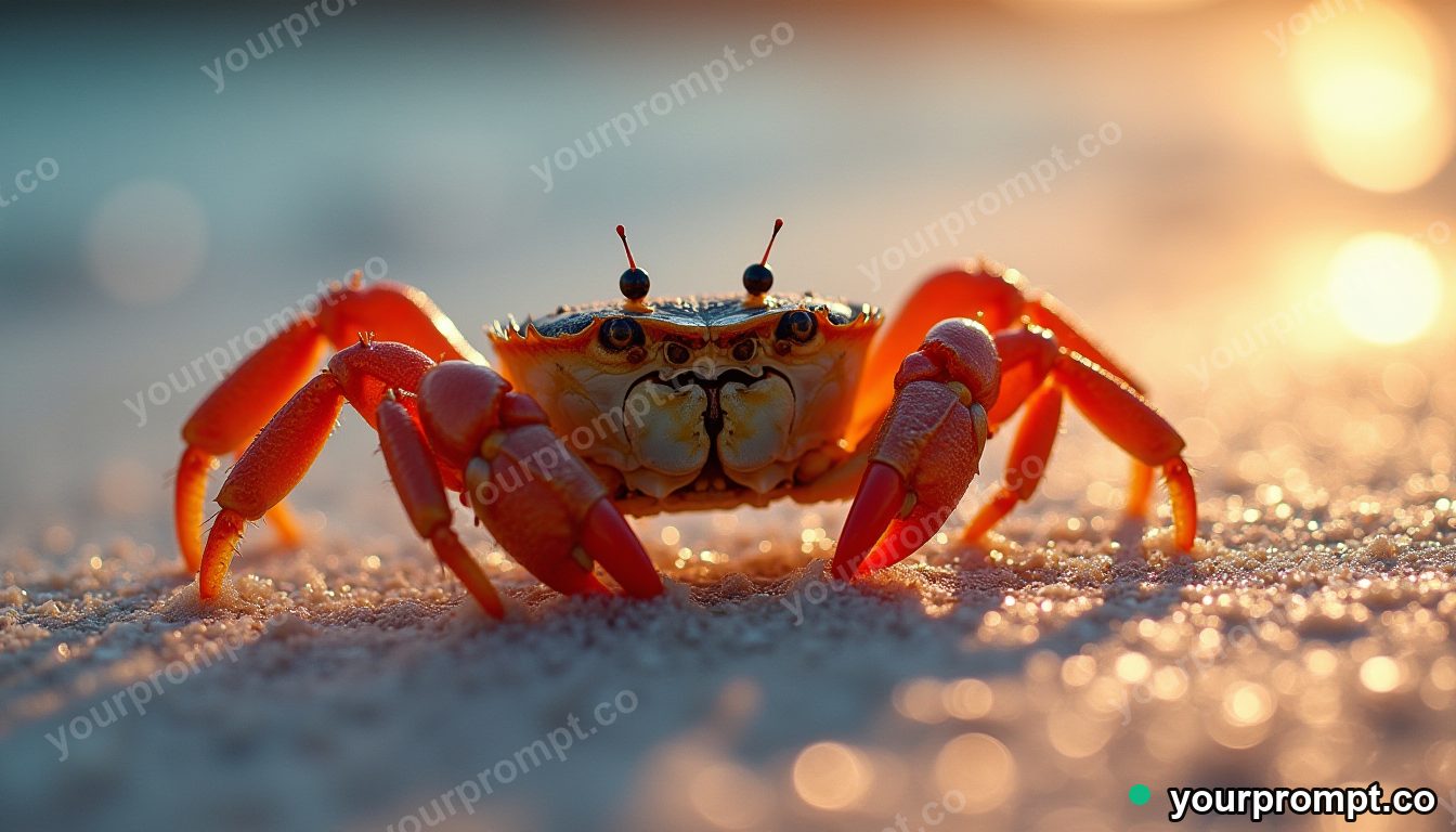 A crab scuttling across glistening wet sand