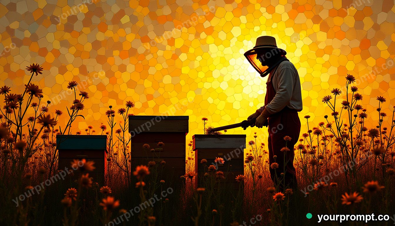 A beekeeper tending hives in a wildflower meadow
