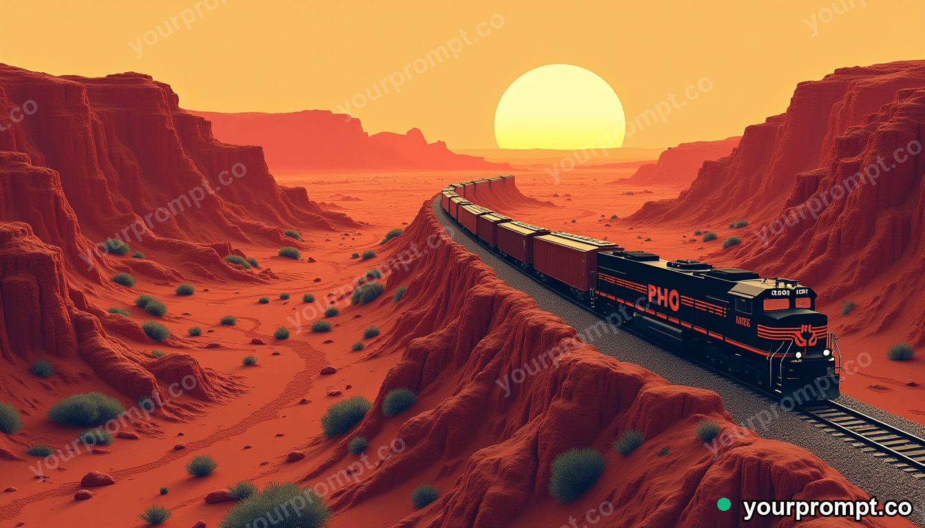 A freight train winding through a red desert canyon