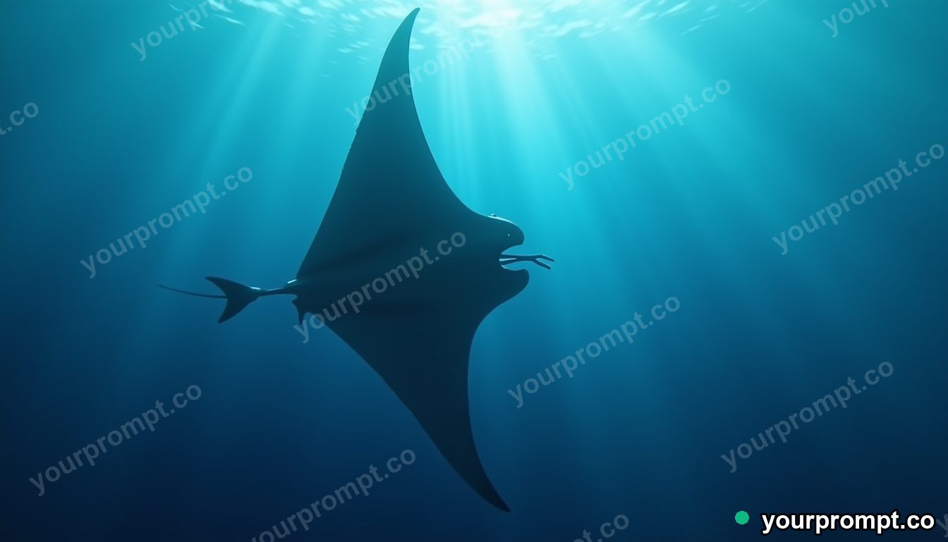 A giant manta ray soaring in deep blue water