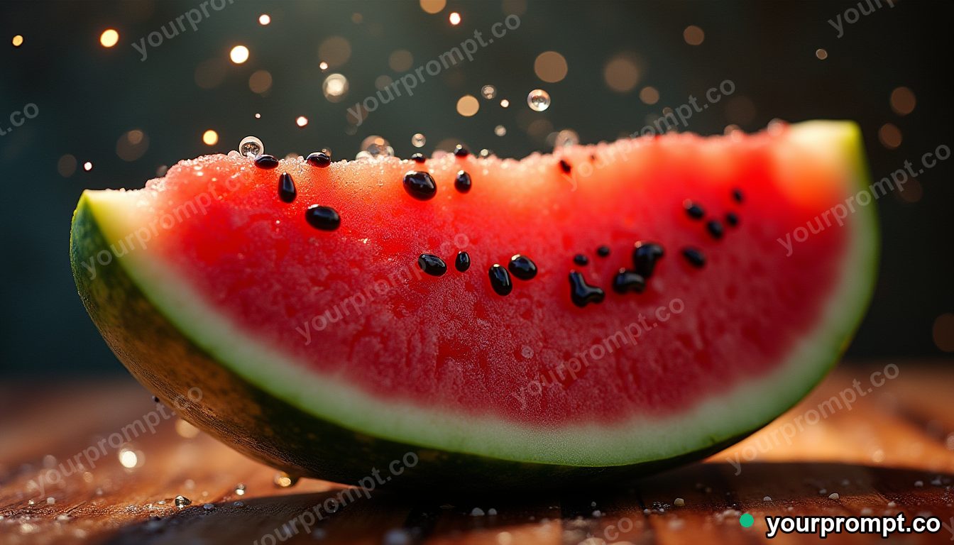 A cross-section of a juicy ripe watermelon, droplets flying