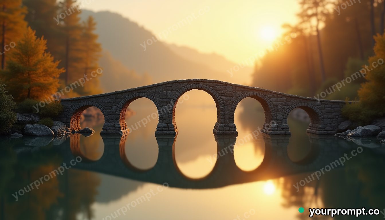 An ancient arched bridge reflected in still water