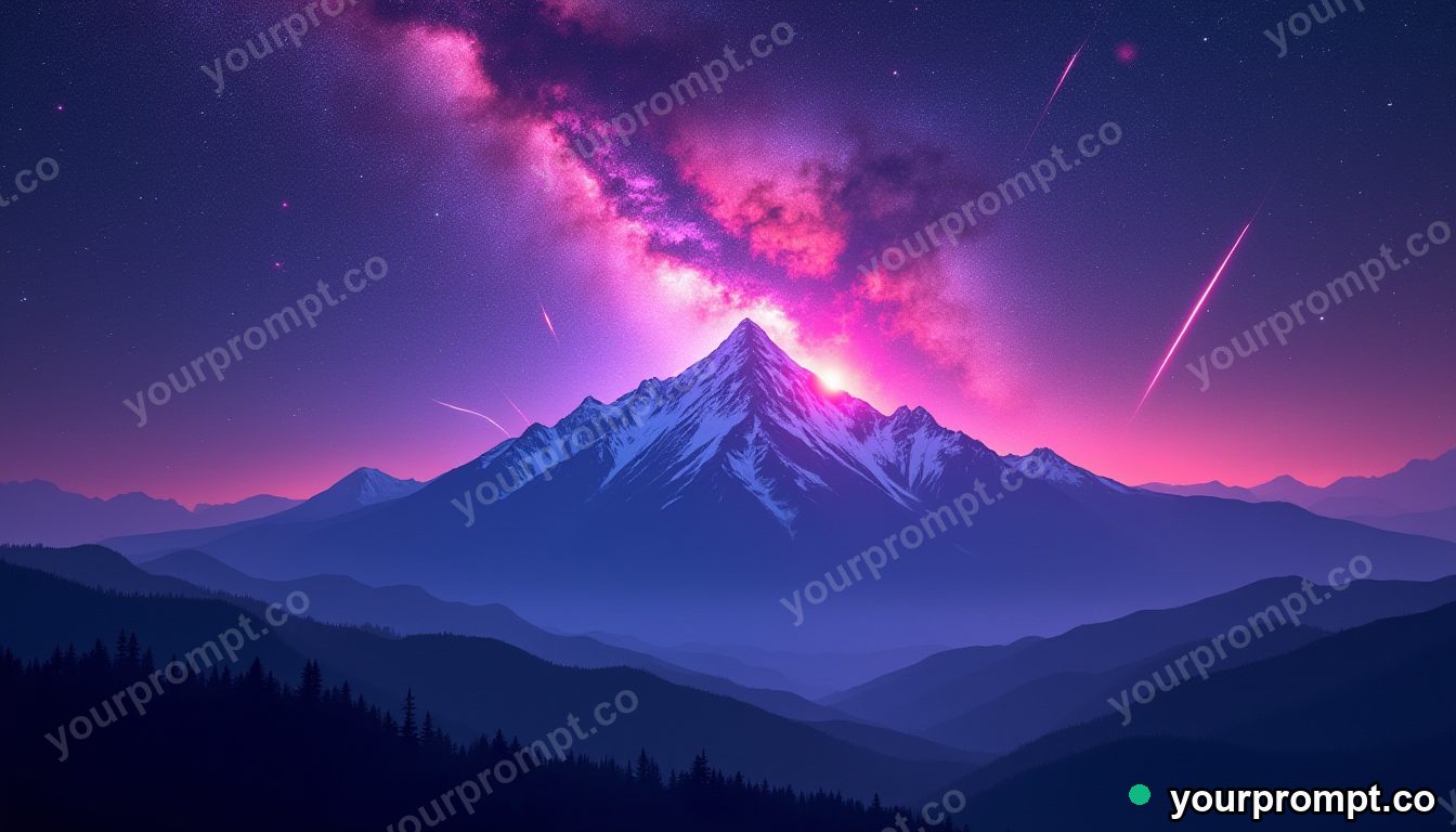 A meteor shower over a silhouetted mountain ridge