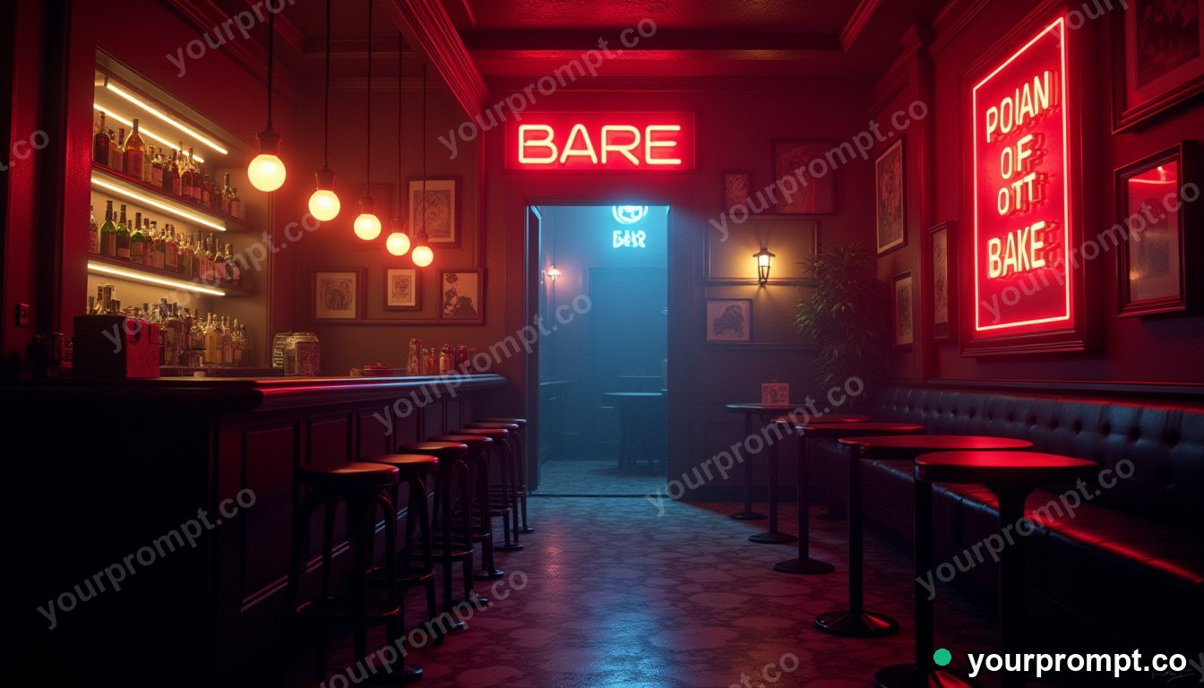 A moody speakeasy bar with amber lighting