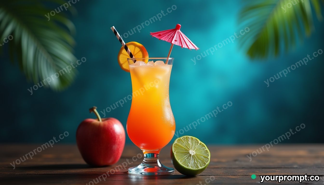 A tropical cocktail with fruit and a tiny umbrella