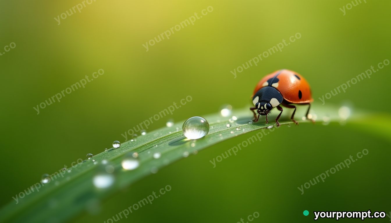 A ladybug on a raindrop-covered blade of grass