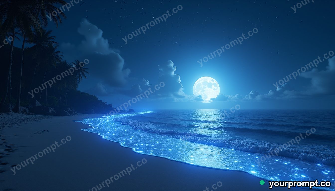 A surreal beach where the sea is liquid starlight