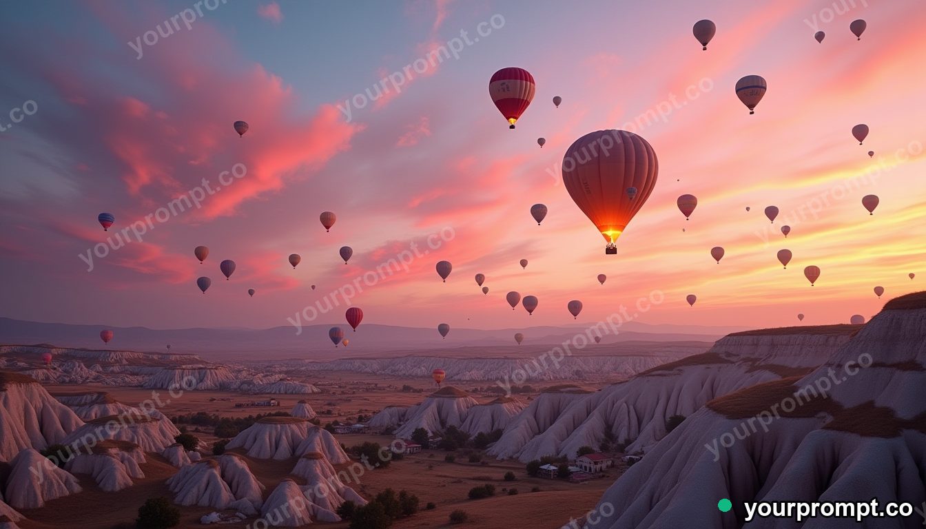 A hot-air-balloon-filled sky over Cappadocia at dawn