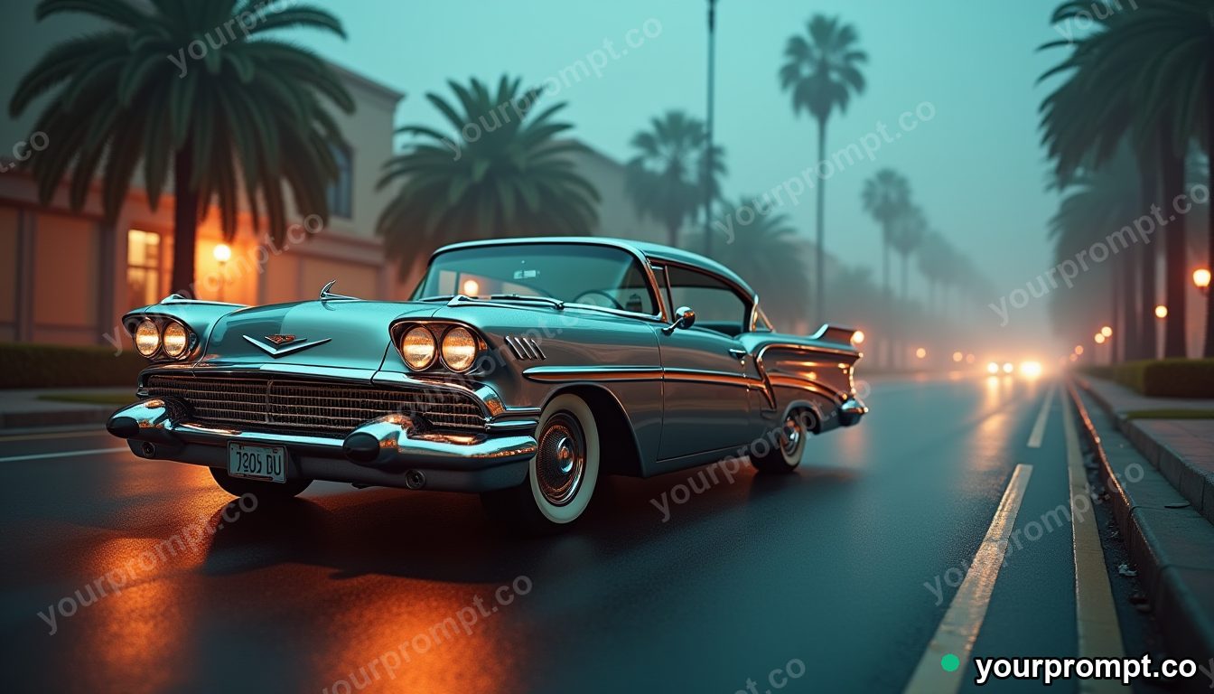 A chrome lowrider cruising a palm-lined boulevard