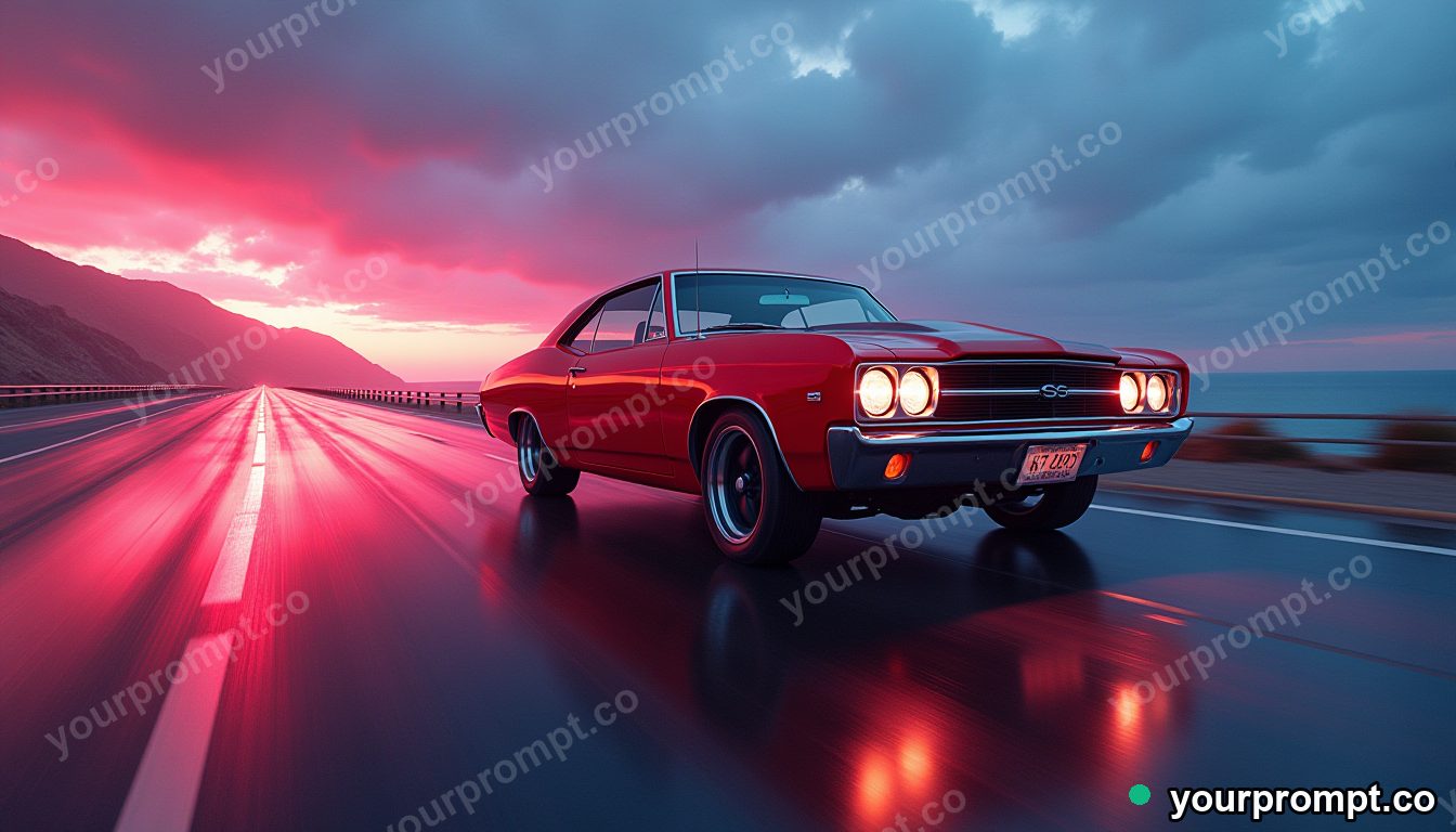 A classic 1960s American muscle car on a coastal highway