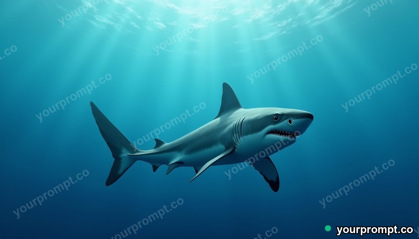 A great white shark cruising in blue depths