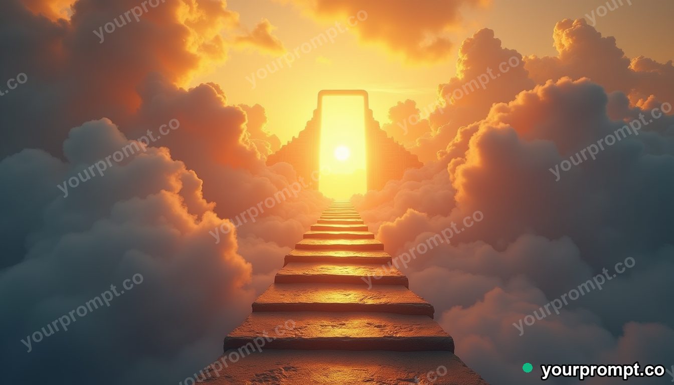 A staircase of clouds leading to a golden doorway