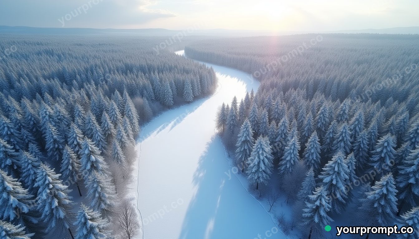 An aerial view of a snow-covered forest cut by a frozen river
