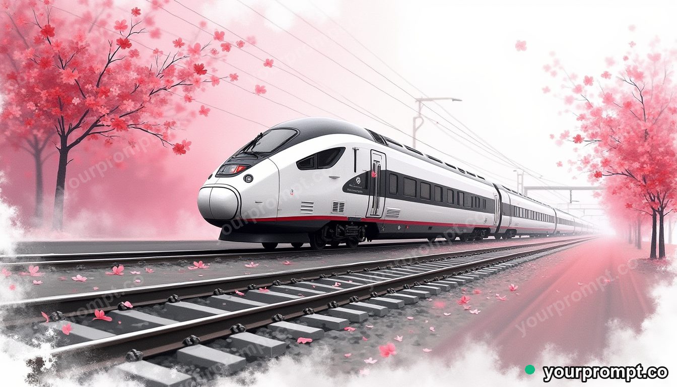 A sleek bullet train speeding past cherry blossoms