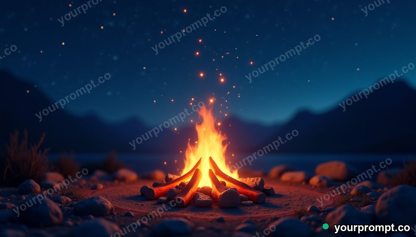A glowing campfire under a sky full of stars