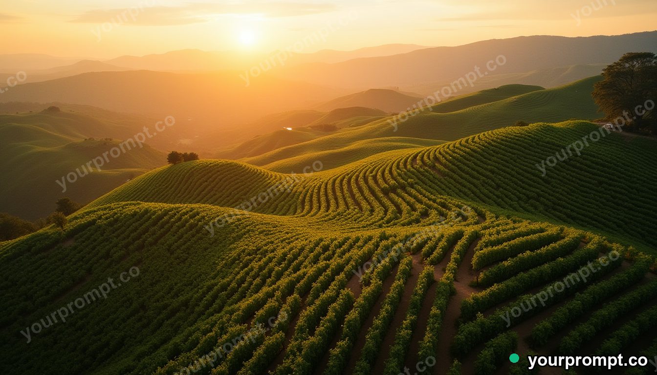 A bird's-eye view of a terraced vineyard on rolling hills