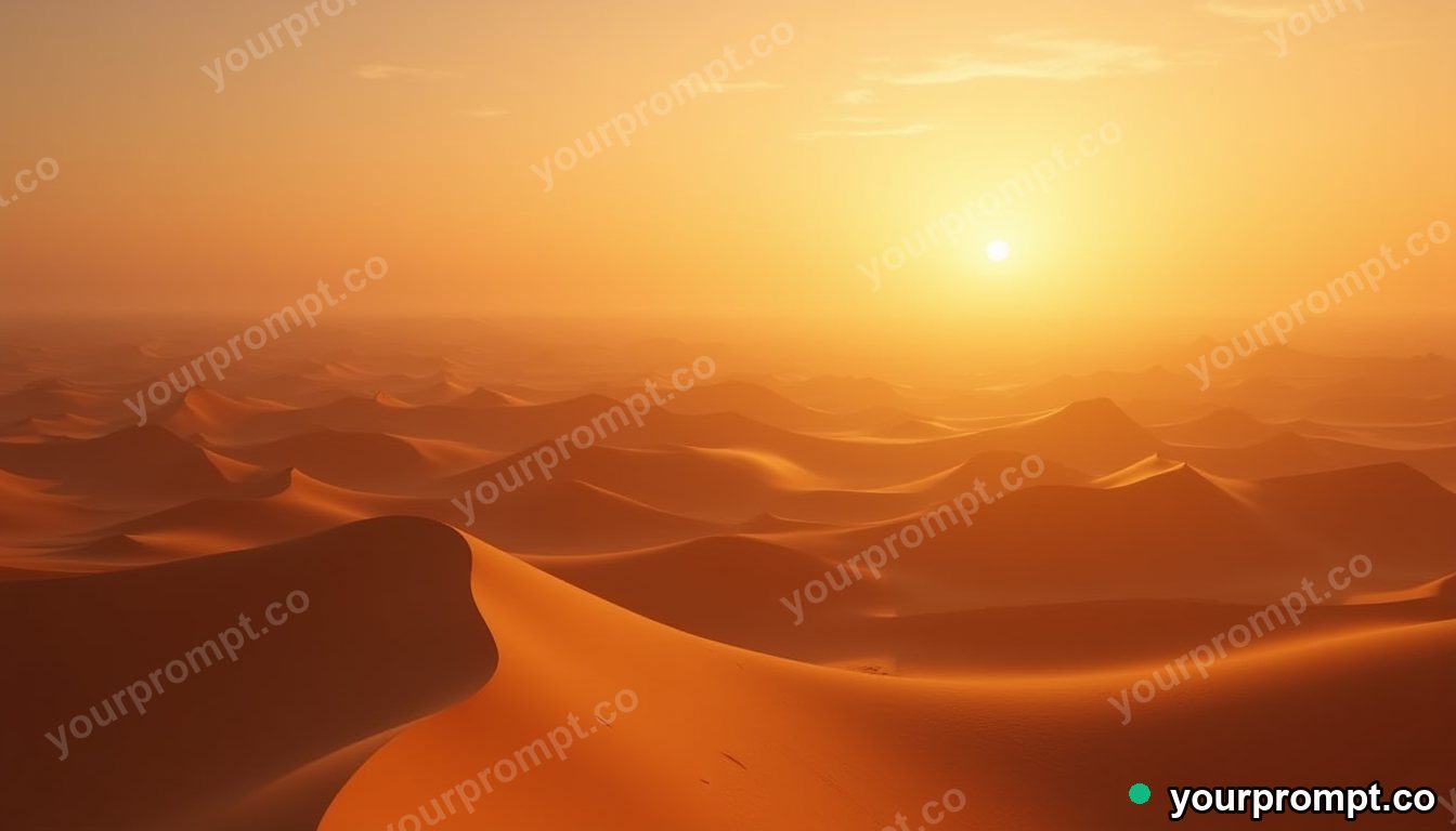 A desert of towering sand dunes at sunset