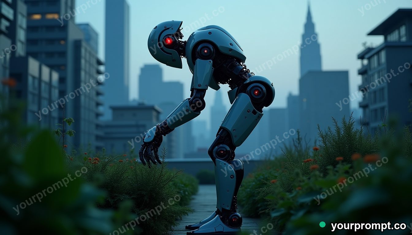 A friendly humanoid robot tending a rooftop garden