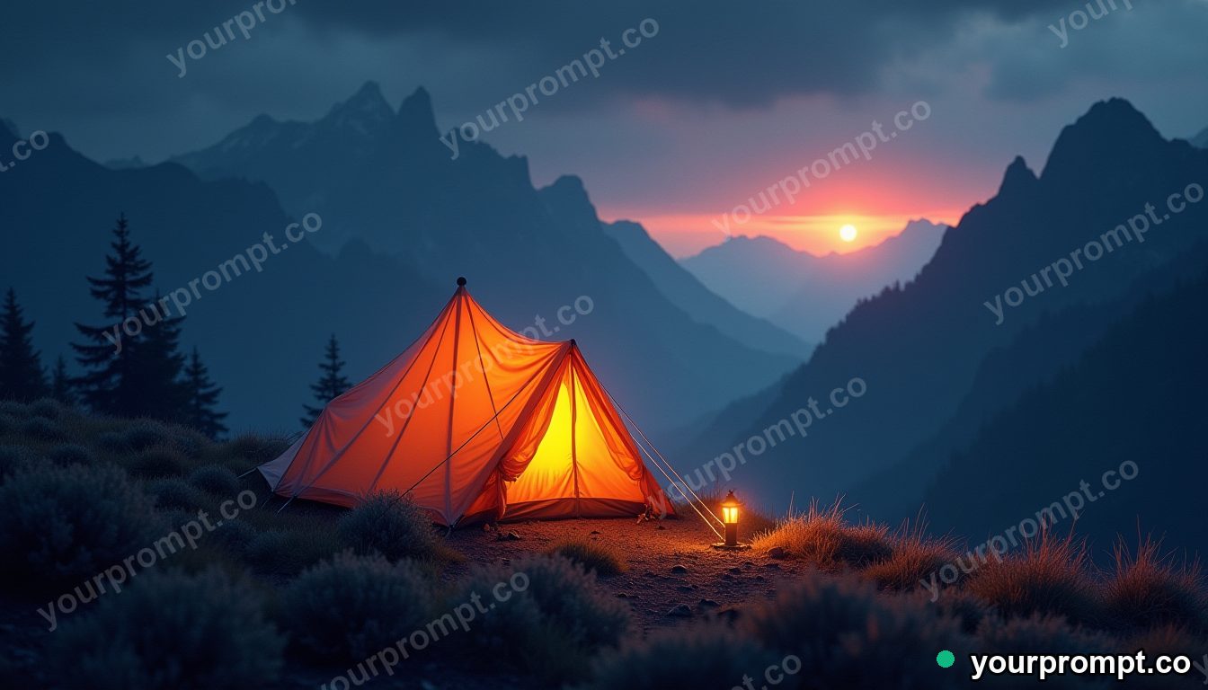 A tent glowing warmly on a dark mountainside