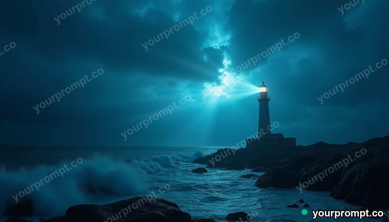 A lone lighthouse beam sweeping a dark stormy sea