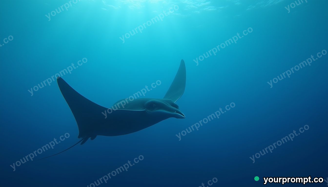 A giant manta ray soaring in deep blue water