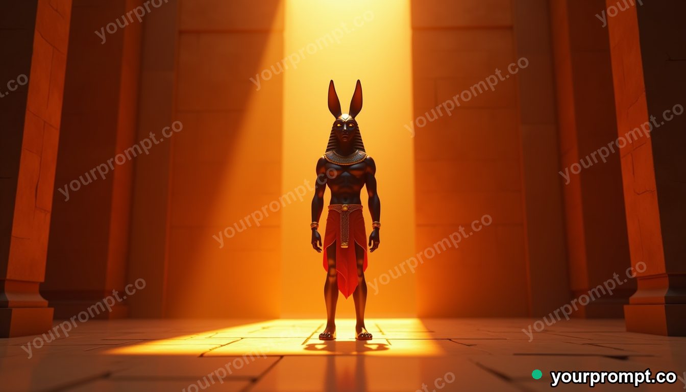 Anubis standing guard in a torchlit tomb