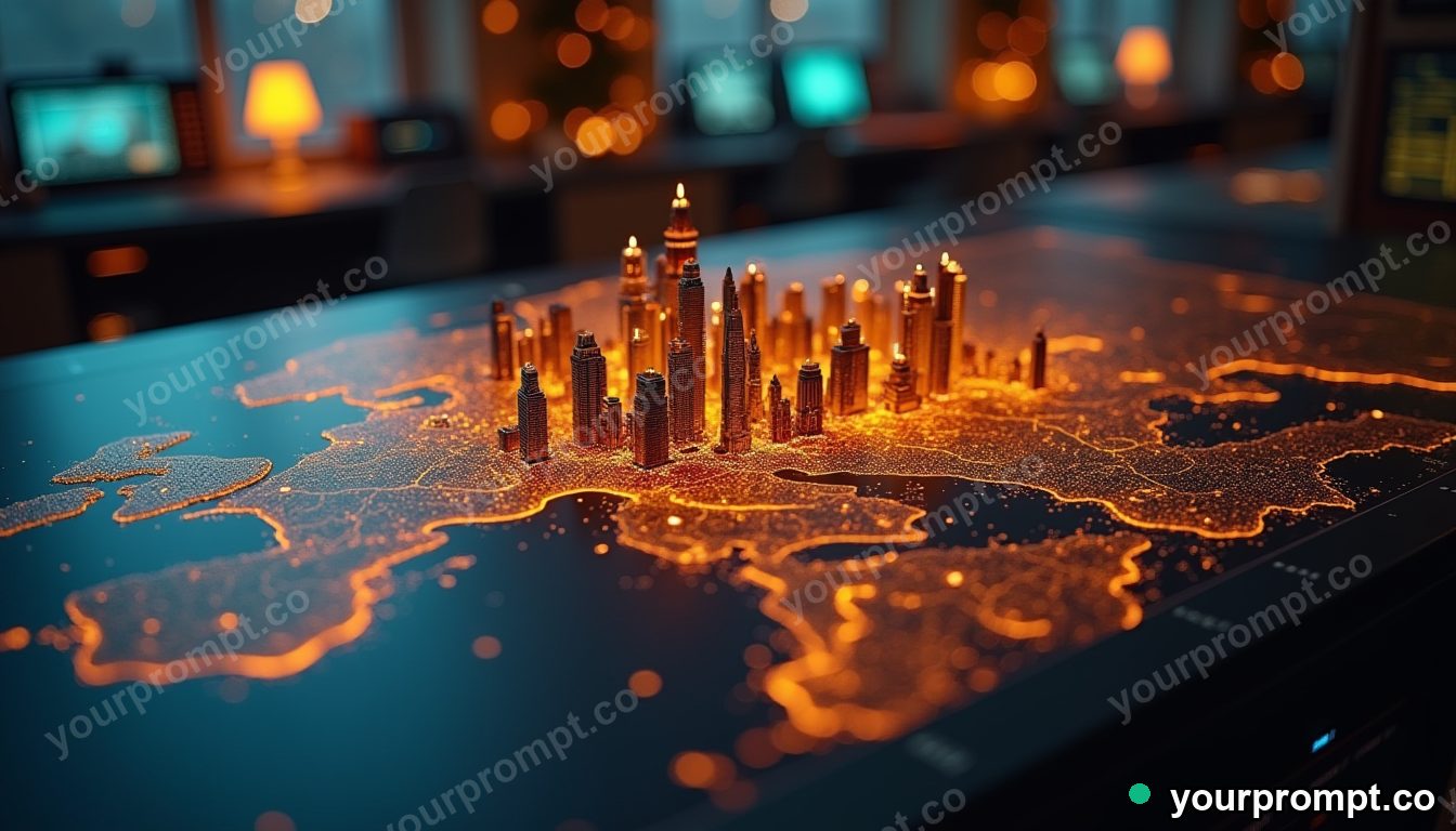A holographic city map floating over a control room