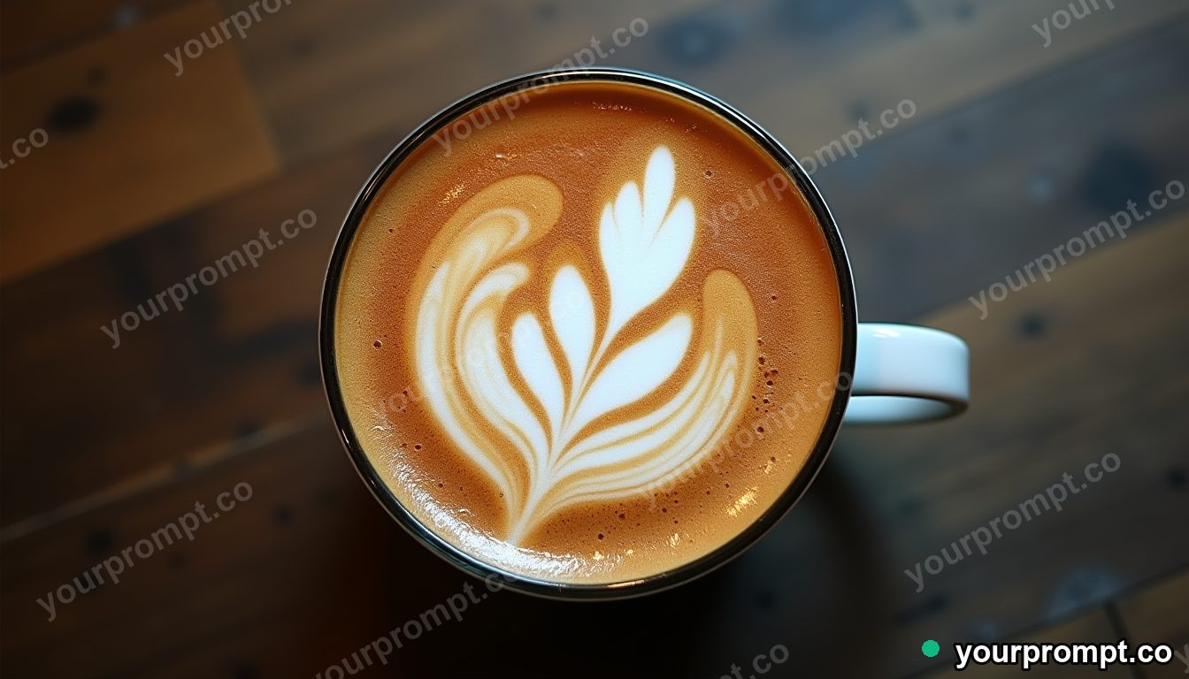 A frothy latte with delicate leaf art, top-down