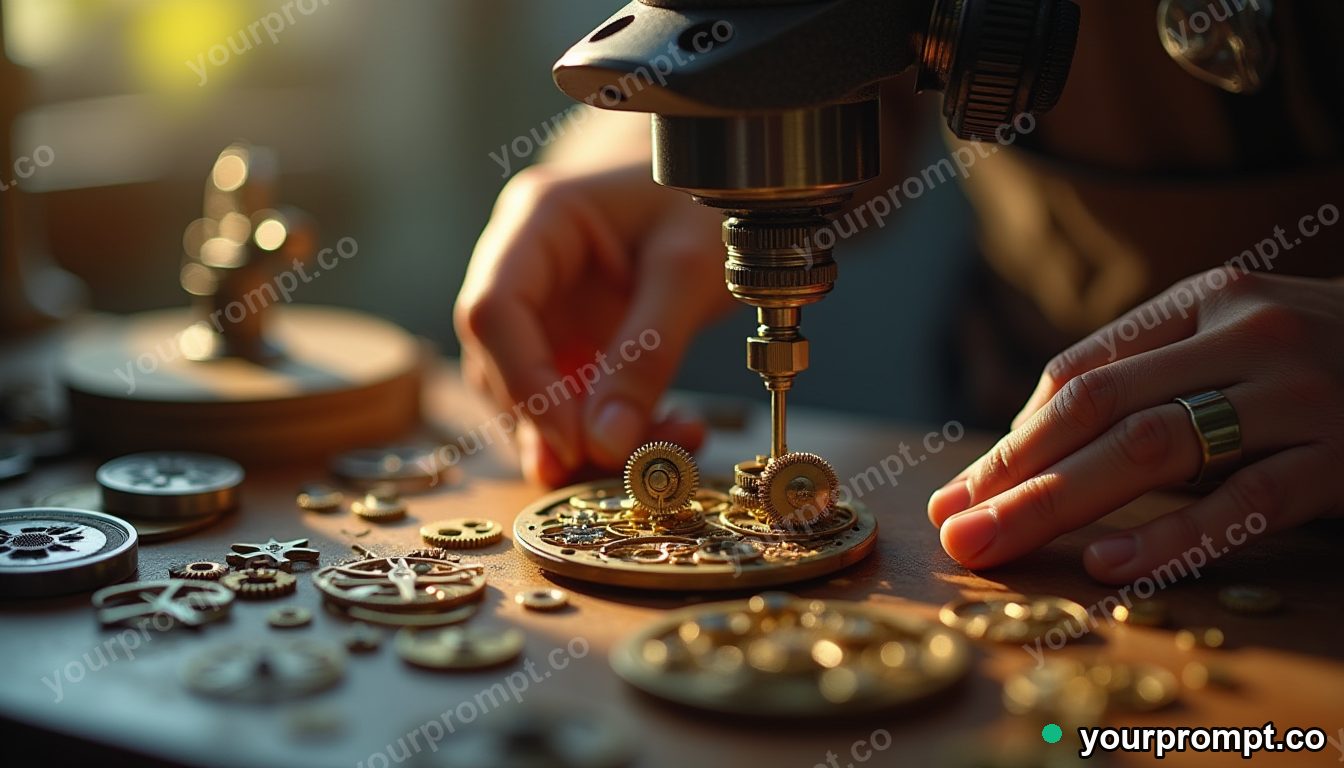 A watchmaker assembling tiny gears under a loupe