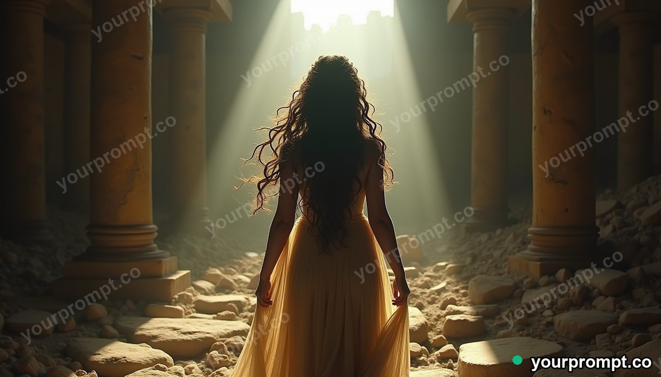 Medusa with serpent hair in a crumbling temple
