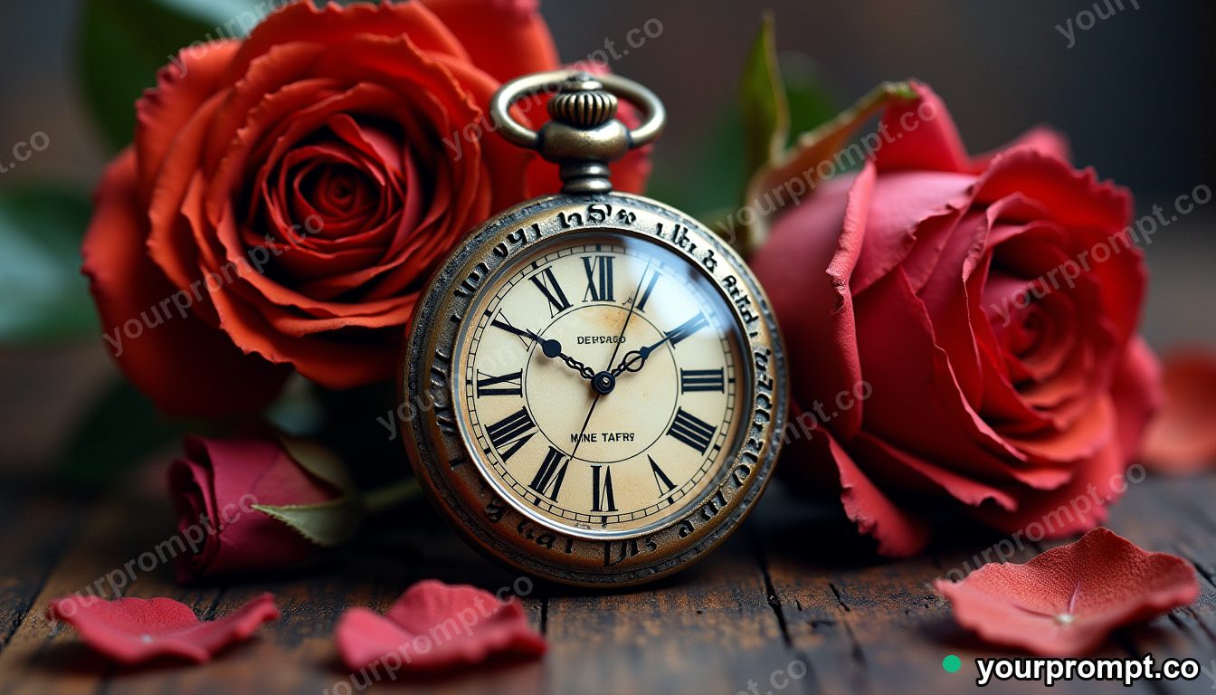 An antique pocket watch beside dried roses